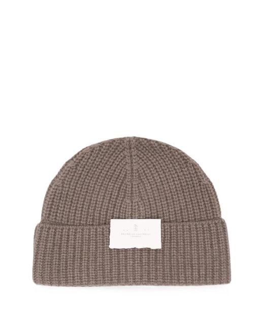 Brunello Cucinelli Brown Ribbed-Knit Cashmere Beanie Hat for men