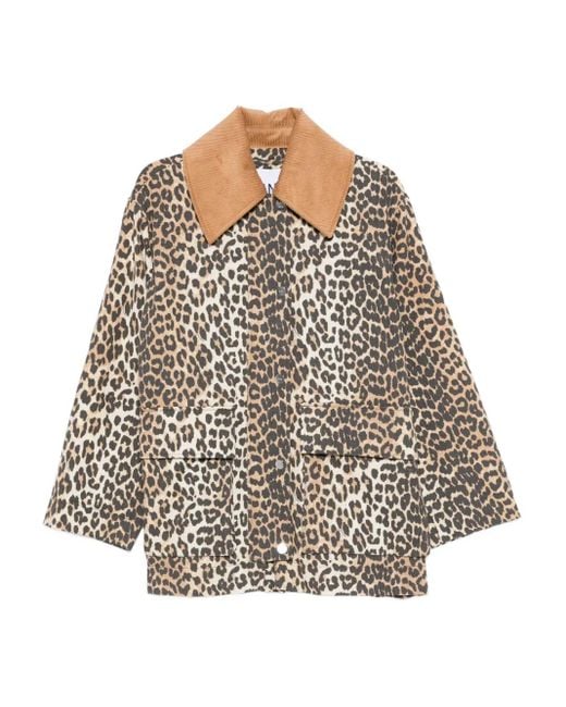 Ganni White Corduroy-Collar Leopard-Print Coat