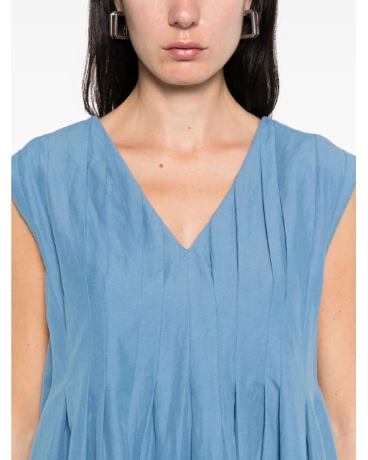 Max Mara Blue Pleated V-Neck Dress