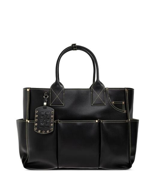 Ganni Black Logo-Tag Multi-Pocket Tote Bag