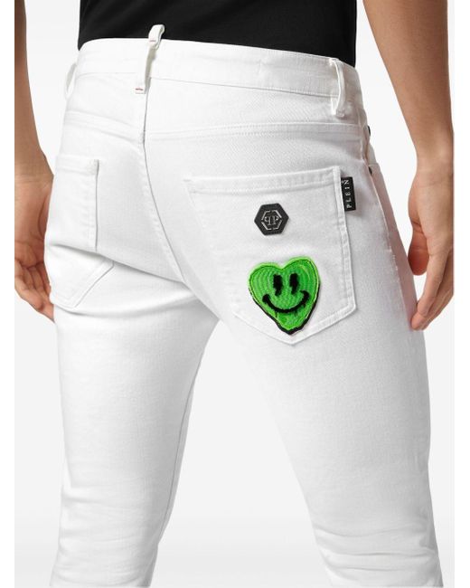 Philipp Plein White Heart-appliqué Low-rise Skinny Jeans for men