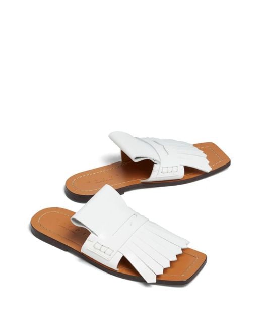 Marni White Fringed Leather Flat Sandals