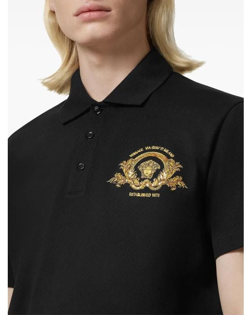 Versace Black Short-Sleeve Polo Shirt With Embroidered Emblem for men
