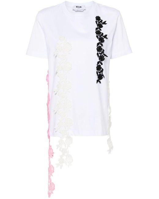 MSGM White Lace-appliqué Cotton T-shirt