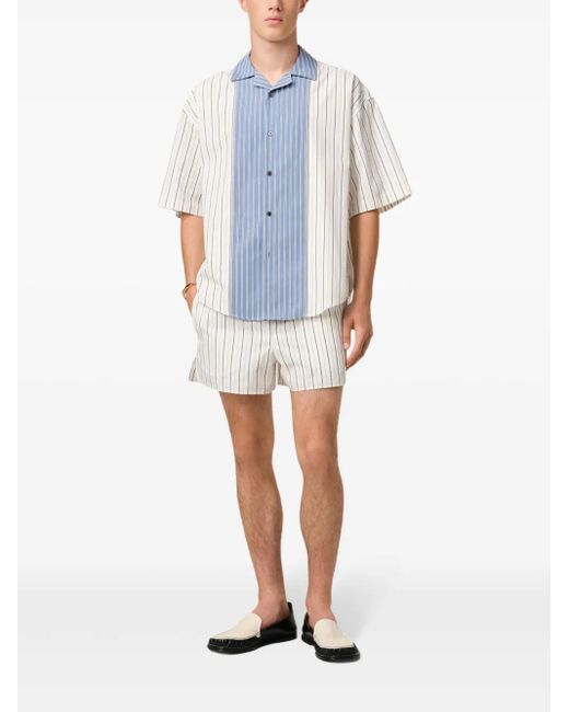 AMI Blue Vertical Stripe Short Sleeve Shirt With Logo Patch for men