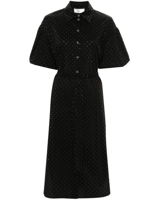 Nissa Black Rhinestone-embellished Midi Shirt Dress