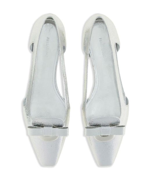 Ferragamo White Drop Bow Leather Ballerina Shoes