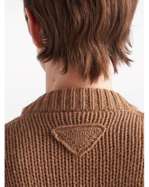 Prada Brown Triangle-logo V-neck Cardigan for men