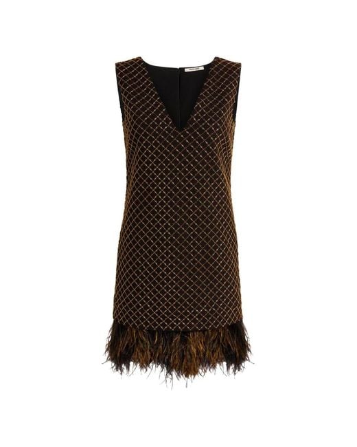 Roberto Cavalli Brown Feather-Trim Mini Dress
