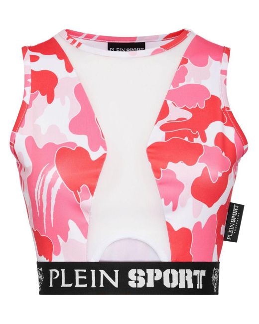 Philipp Plein Red Camouflage-print Panelled Cropped Top
