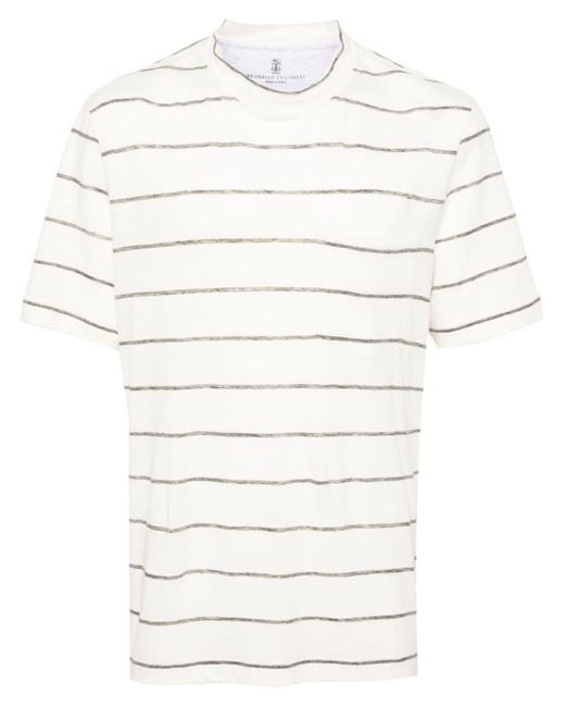 Brunello Cucinelli White Striped Linen Blend T-shirt for men