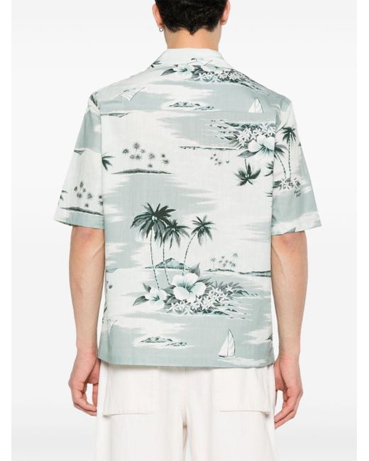 Maison Kitsuné Blue Island-print Bowling Shirt for men