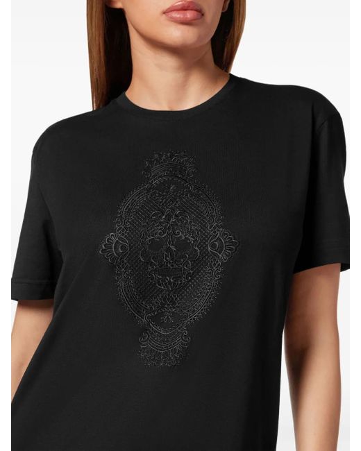 Philipp Plein Black Skull-Embroidered Cotton T-Shirt