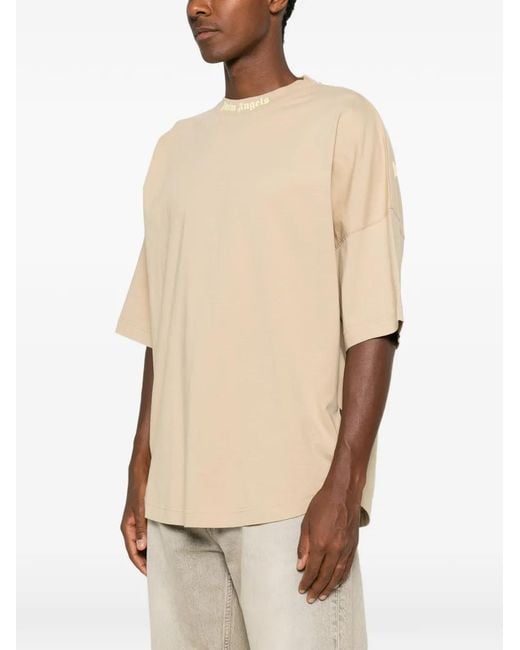 Palm Angels Natural Logo-Print Drop-Shoulder T-Shirt for men