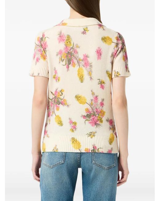 Blumarine Natural Wingtip-Collar Floral-Print Top