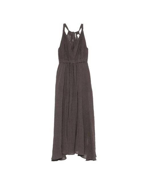 120% Lino Brown Halterneck Pleated Maxi Dress