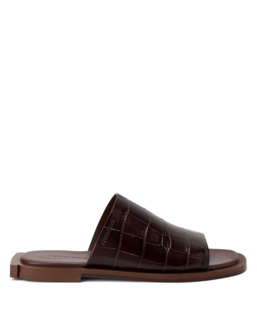 Ferragamo Brown Crocodile-effect Leather Slides for men