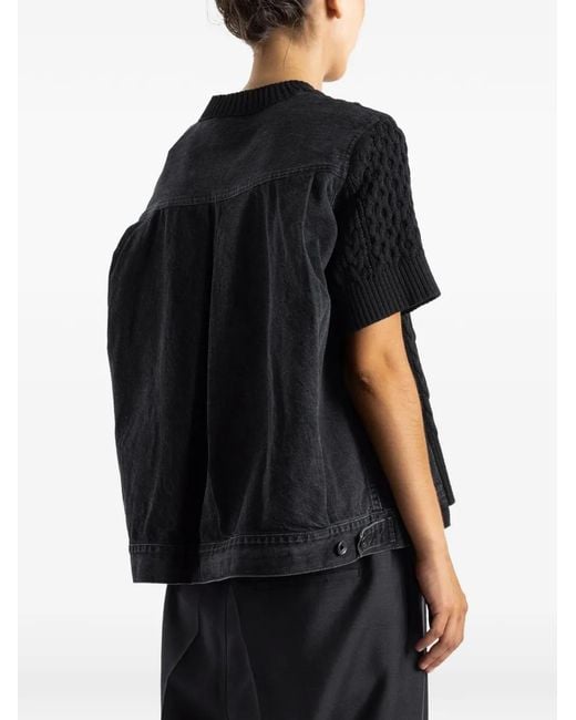 Sacai Black Cable-Knit Hybrid-Denim Sweater