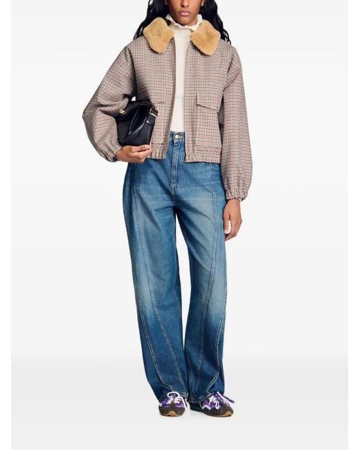 Sandro Brown Checked-Pattern Bomber Jacket