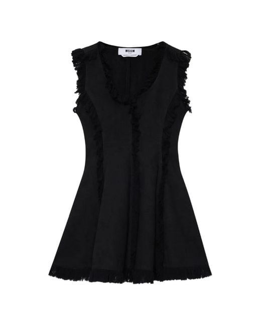 MSGM Black Scoop-Neck Fringed Mini Dress