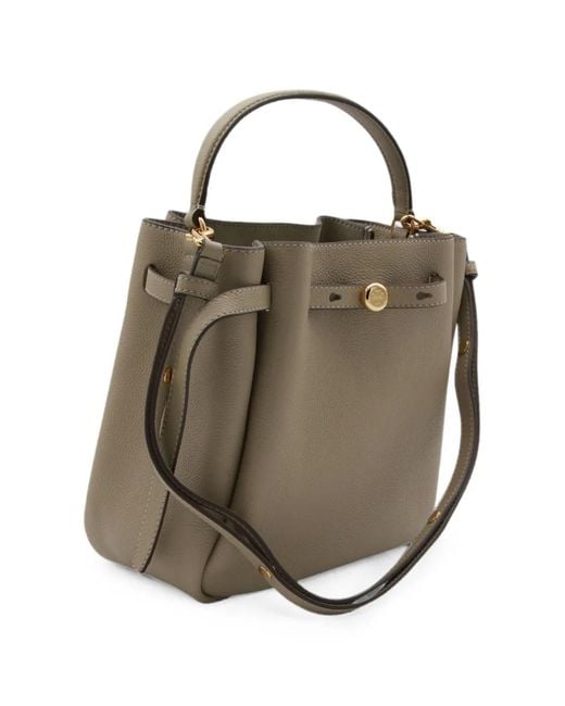 Tory Burch Metallic Romy Logo-Plaque Pebbled Leather Bucket Bag