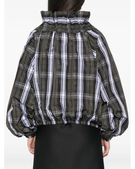 Patou Black Scoop-Neck Check Ruffled Blouse