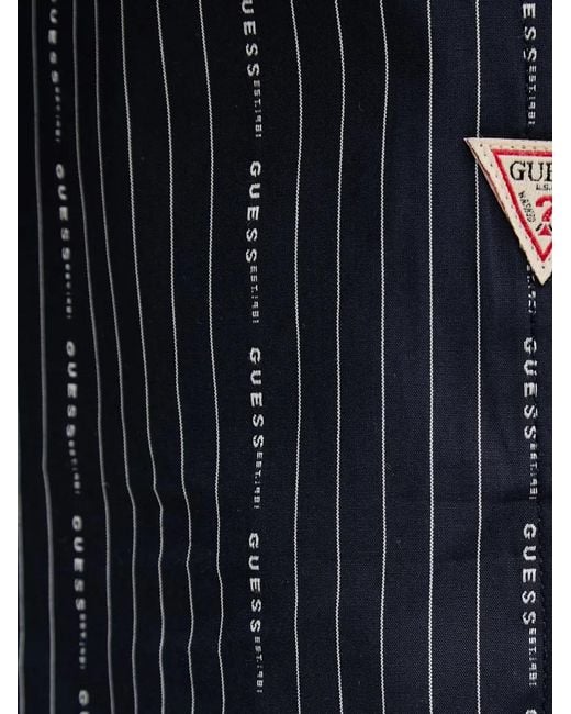 Guess Blue Logo-Stripe Patterned Shirt for men