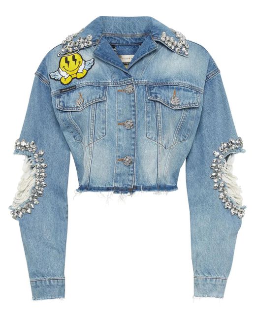 Giacca Smile Denim Con Taglio Crop di Philipp Plein in Blue