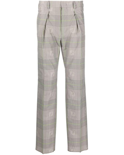 Fendi Gray Grey Check Print Straight-leg Trousers for men