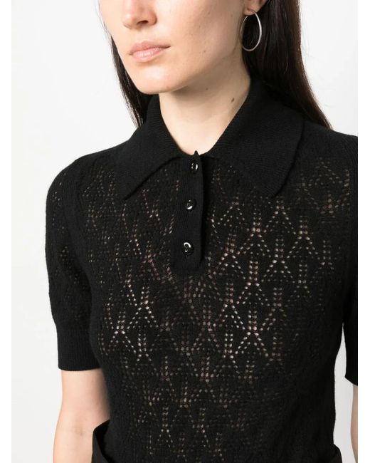 Barrie Black Pointelle-Knit Cashmere Polo Top