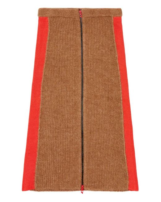 DIESEL Red Ribbed Side-Stripes Zip-Front Midi Straight Skirt