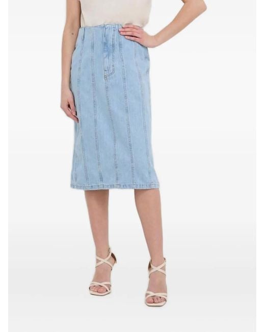 Silvian Heach Blue Denim Panelled Midi Straight Skirt