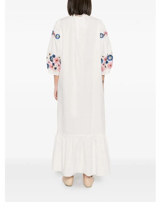 Antik Batik White Amantina Floral-Embroidered Ruffled Dress