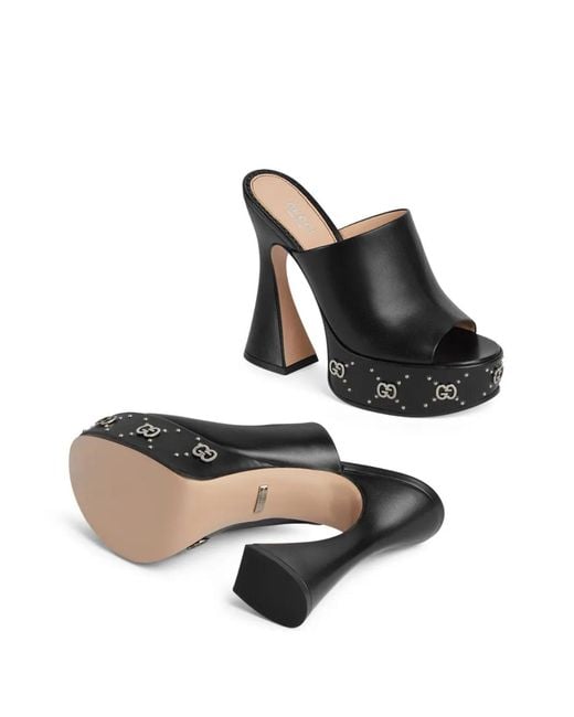 Gucci Black Leather Platform Sandals With Metallic Details And Curved Heels