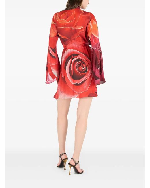 Roberto Cavalli Red Rose-Print Mini Dress