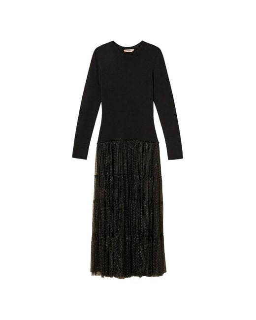 Twinset Black Long Knit Dress With Plumetis Tulle