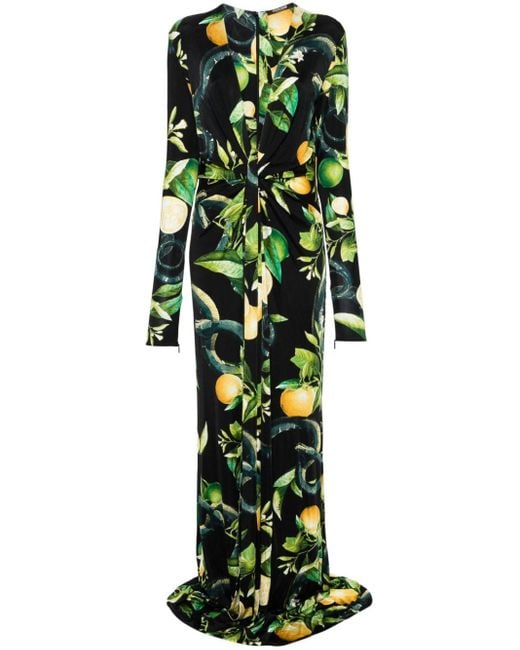 Roberto Cavalli Green V-Ausschnitt-Kleid mit Zitronen-Print