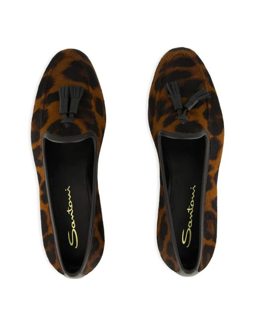 Santoni Brown Leopard-Print Tassel Loafers