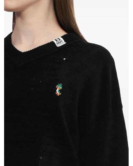 Maison Mihara Yasuhiro Black Ausgefranster Pullover Mit V-Ausschnitt
