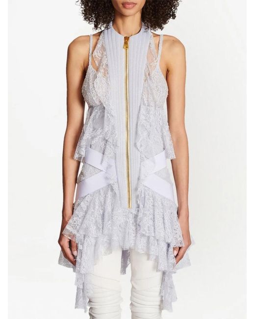 Balmain White Lace-Panelled Ruffle Mini Dress