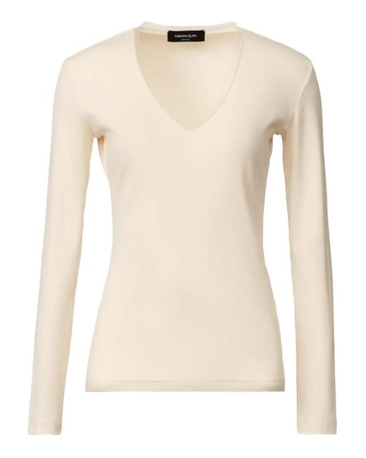 Fabiana Filippi Natural V-Neck Ribbed T-Shirt
