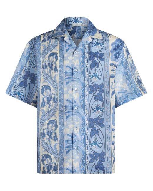 Etro Blue Floral-print Bowling Shirt for men