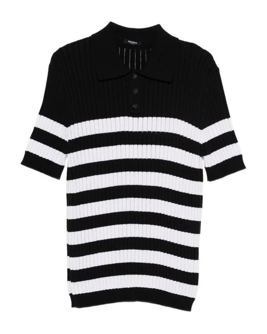 Balmain Black Striped-Pattern Polo Shirt for men
