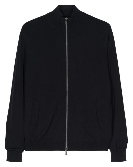 Fedeli Black Virgin Wool Zip-Up Cardigan for men