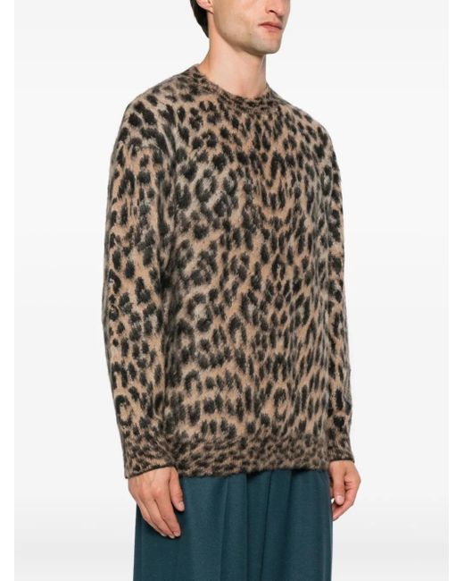 Laneus Brown Leopard-Print Crew-Neck Sweater for men