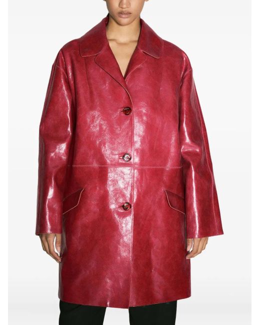 Prada Red Button-Fastening Leather Coat