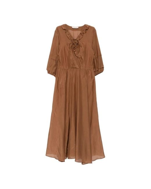 iBlues Brown Ruffle-Trimmed V-Neck Midi Dress