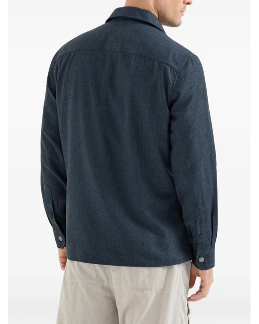 Brunello Cucinelli Blue Virgin-Wool Flannel Overshirt With Spread-Collar And Chest-Pockets for men