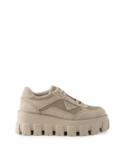Prada Natural Monolith Suede And Mesh Fabric Sneakers