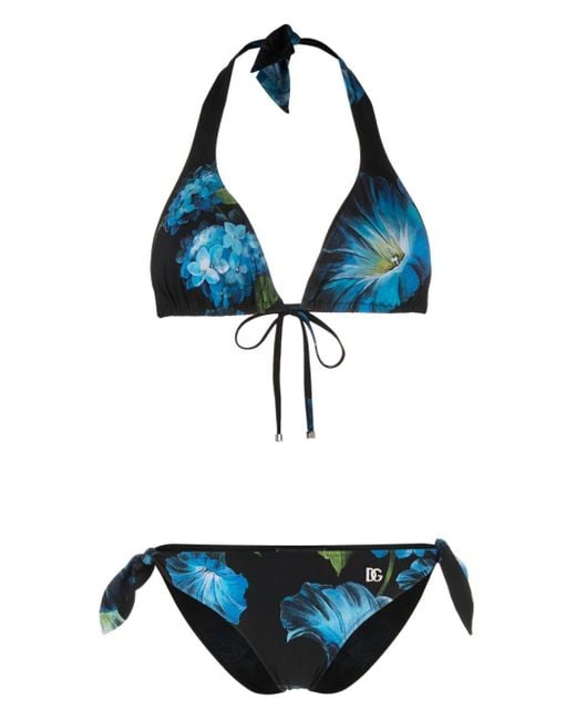 Bikini fleuri à plaque logo Dolce & Gabbana en coloris Blue
